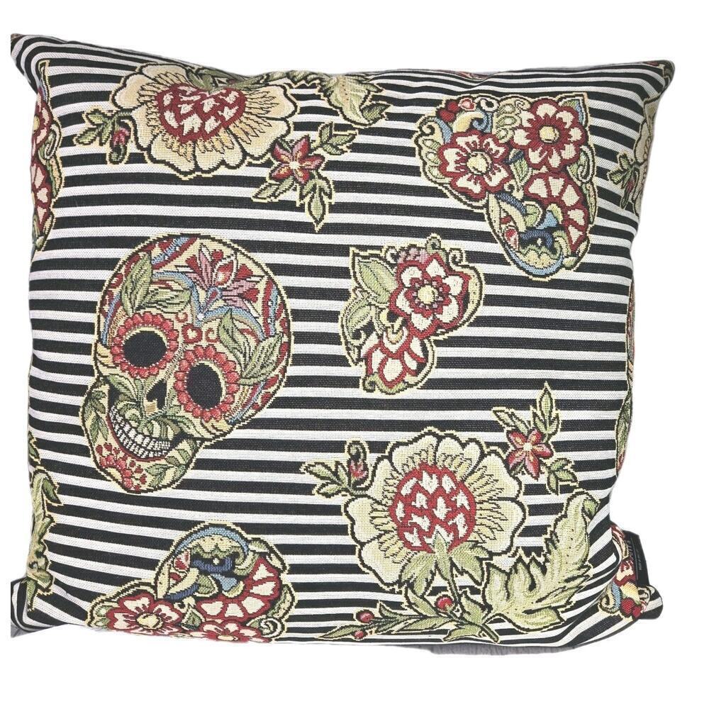 Sugar Skull Floral Embroidered Pillow 18x18" Black Velvet Back Zip Art Deco Boho